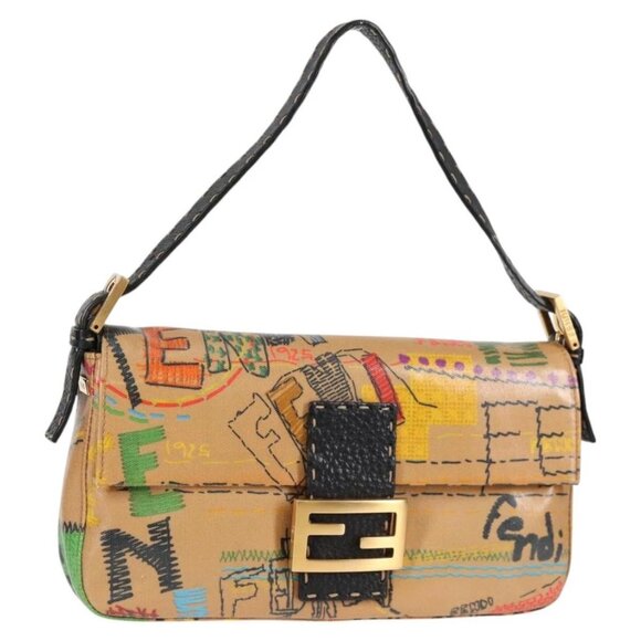 FENDI Mamma Baguette Shoulder Bag Coated Canvas Brown Gold Auth 127210SM - Picture 1 of 16